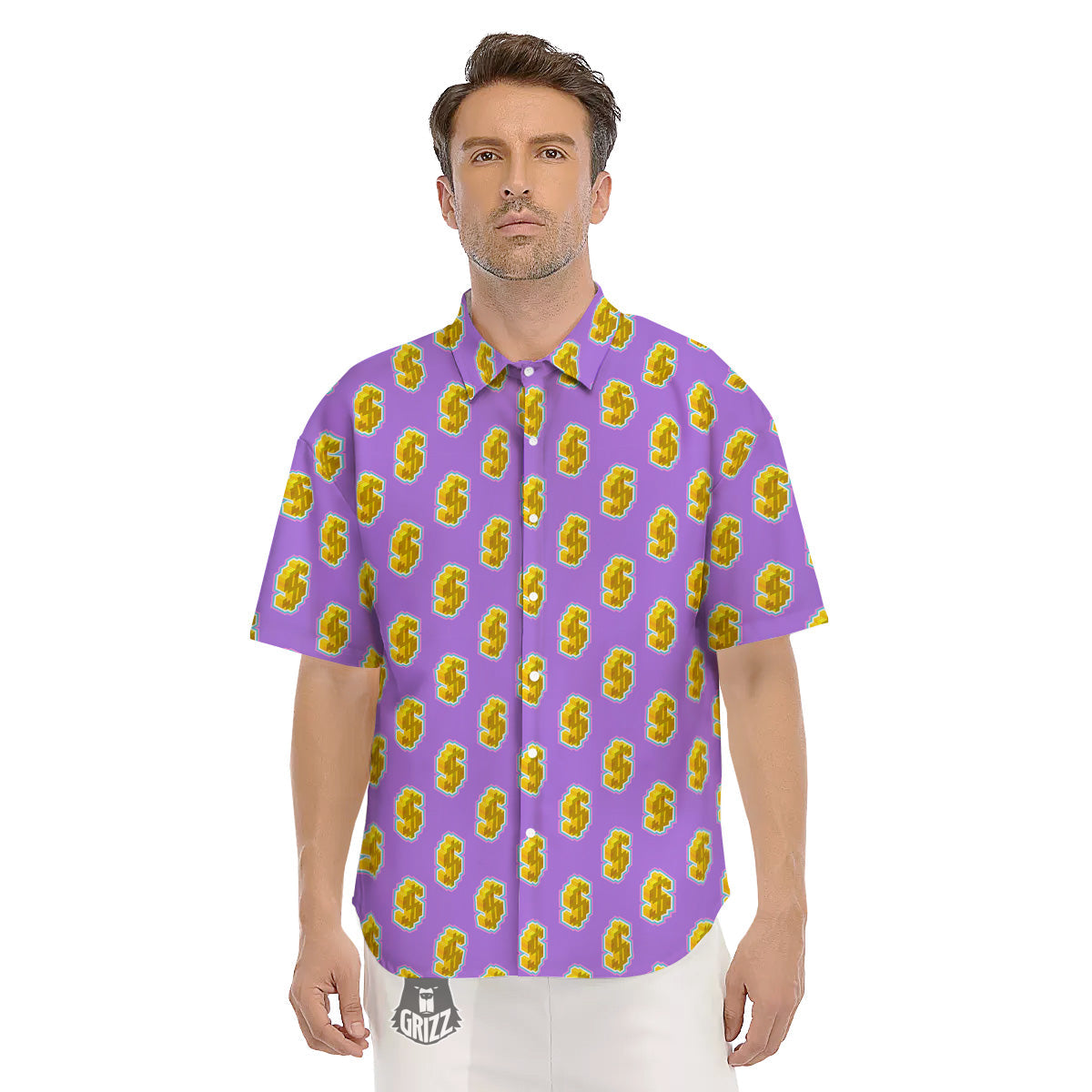 Isometric Gold Dollar Print Pattern Men's Short Sleeve Shirts-grizzshop