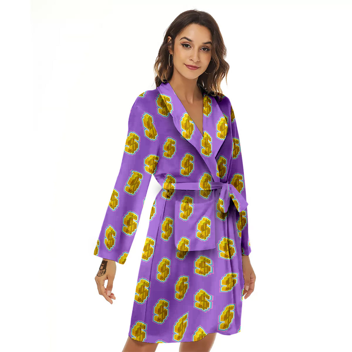 Isometric Gold Dollar Print Pattern Women's Robe-grizzshop