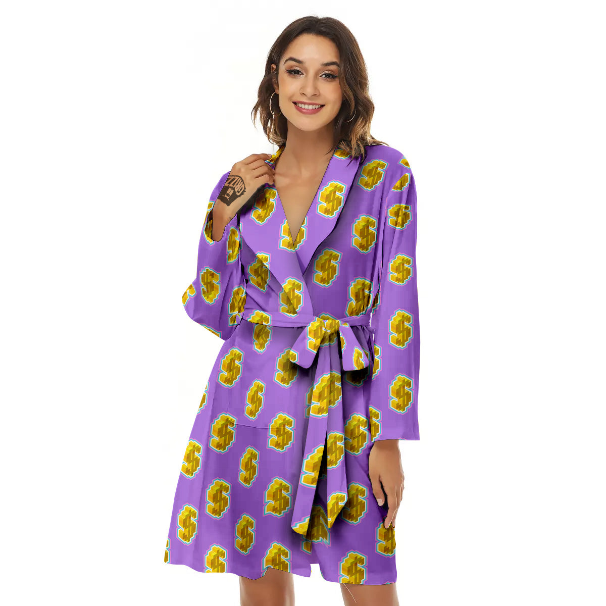 Isometric Gold Dollar Print Pattern Women's Robe-grizzshop
