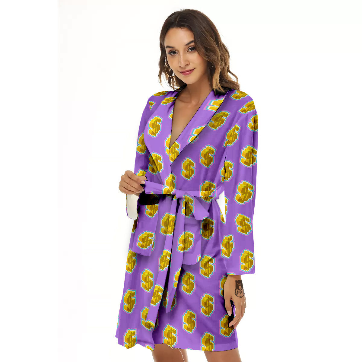 Isometric Gold Dollar Print Pattern Women's Robe-grizzshop