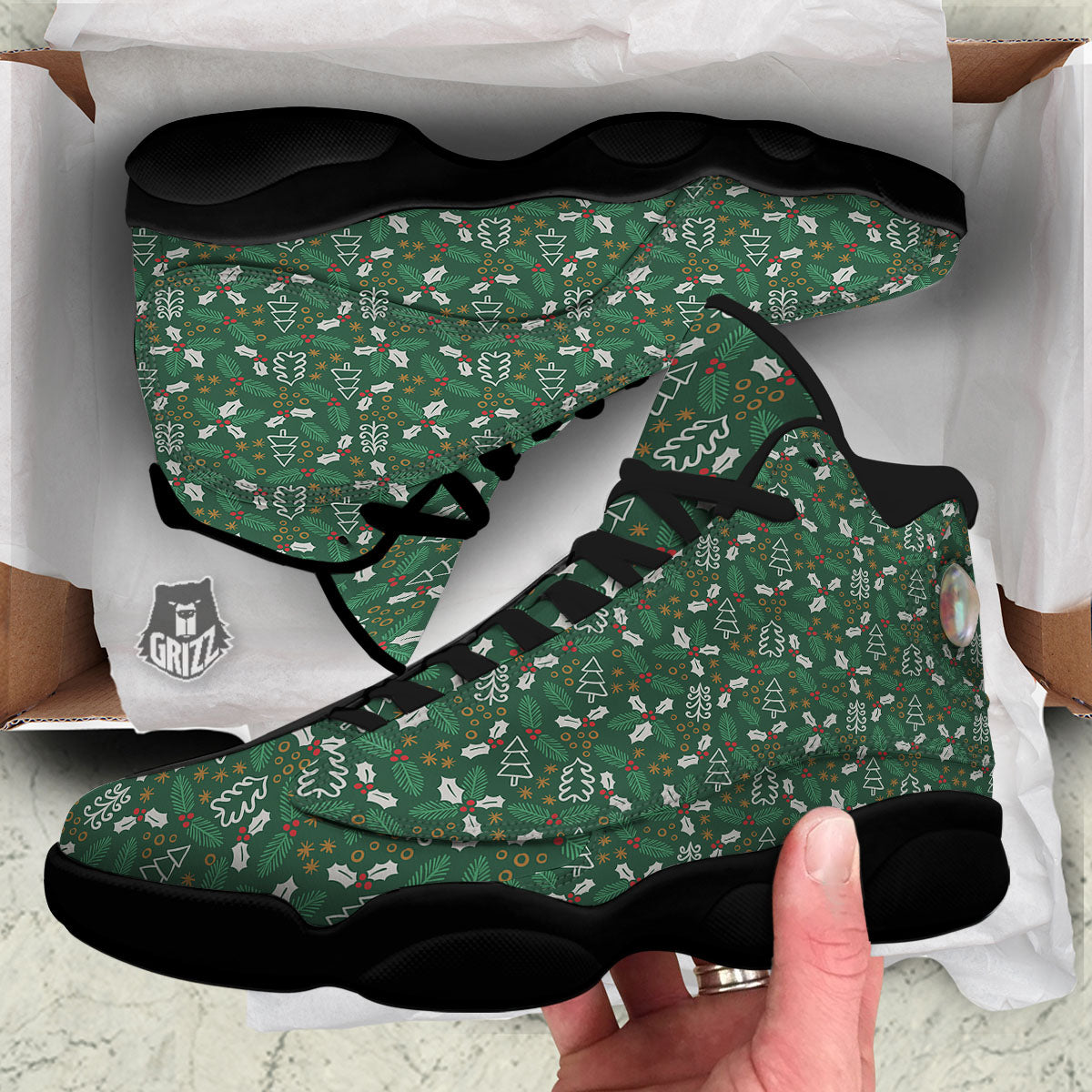 Ivy Leaf Christmas Print Pattern Black Basketball Shoes-grizzshop