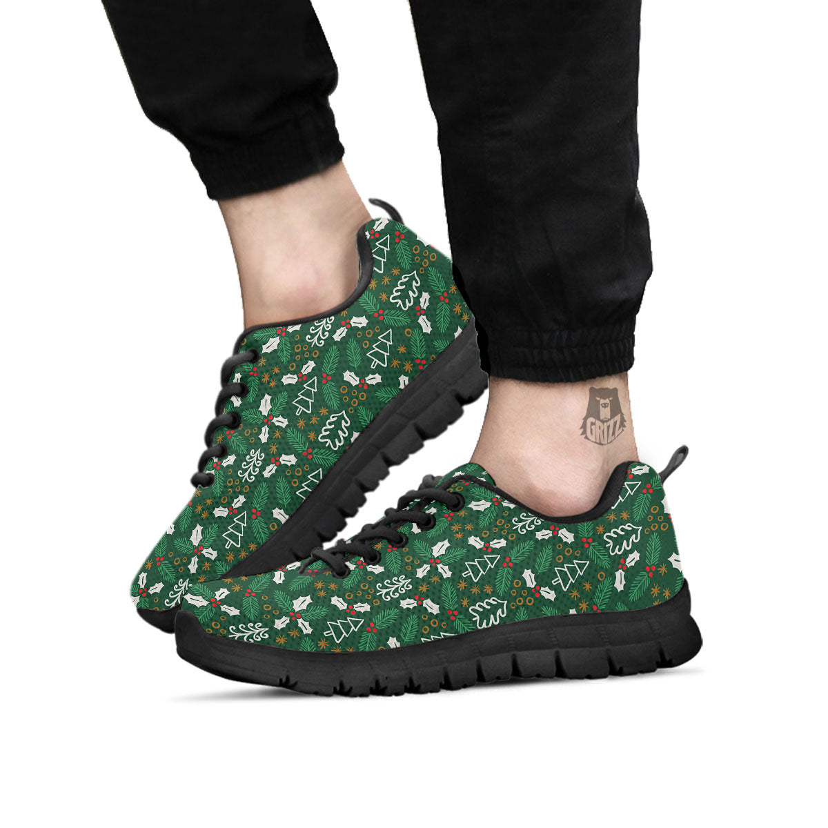 Ivy Leaf Christmas Print Pattern Black Sneaker-grizzshop