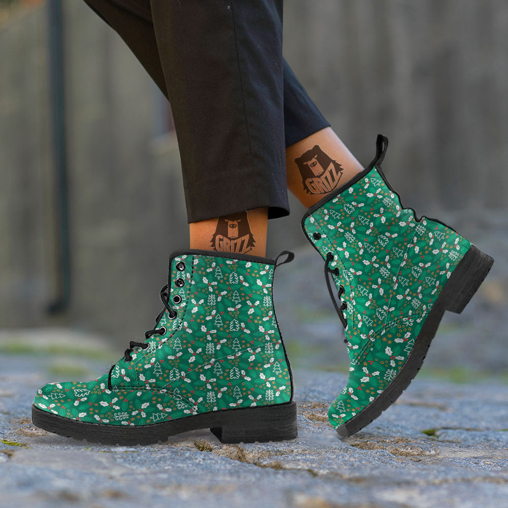 Ivy Leaf Christmas Print Pattern Leather Boots-grizzshop