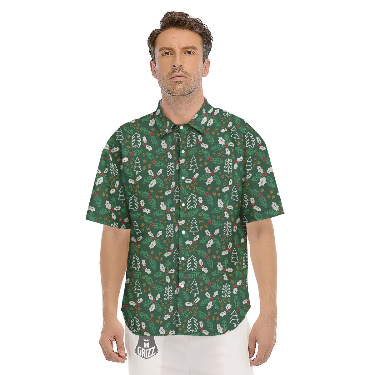 Ivy Leaf Christmas Print Pattern Men's Short Sleeve Shirts-grizzshop