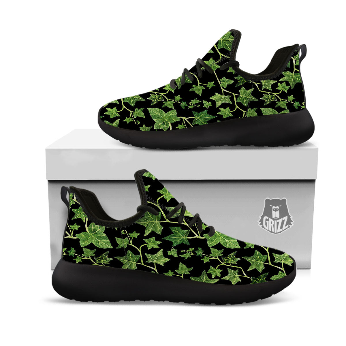 Ivy Leaf Green Print Black Athletic Shoes-grizzshop