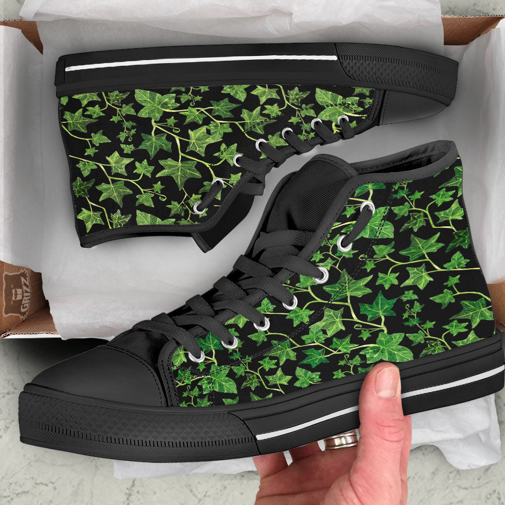 Ivy Leaf Green Print Black High Top Shoes-grizzshop