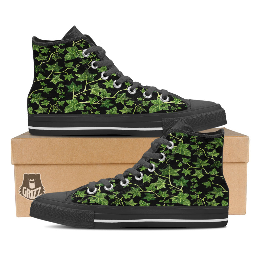 Ivy Leaf Green Print Black High Top Shoes-grizzshop