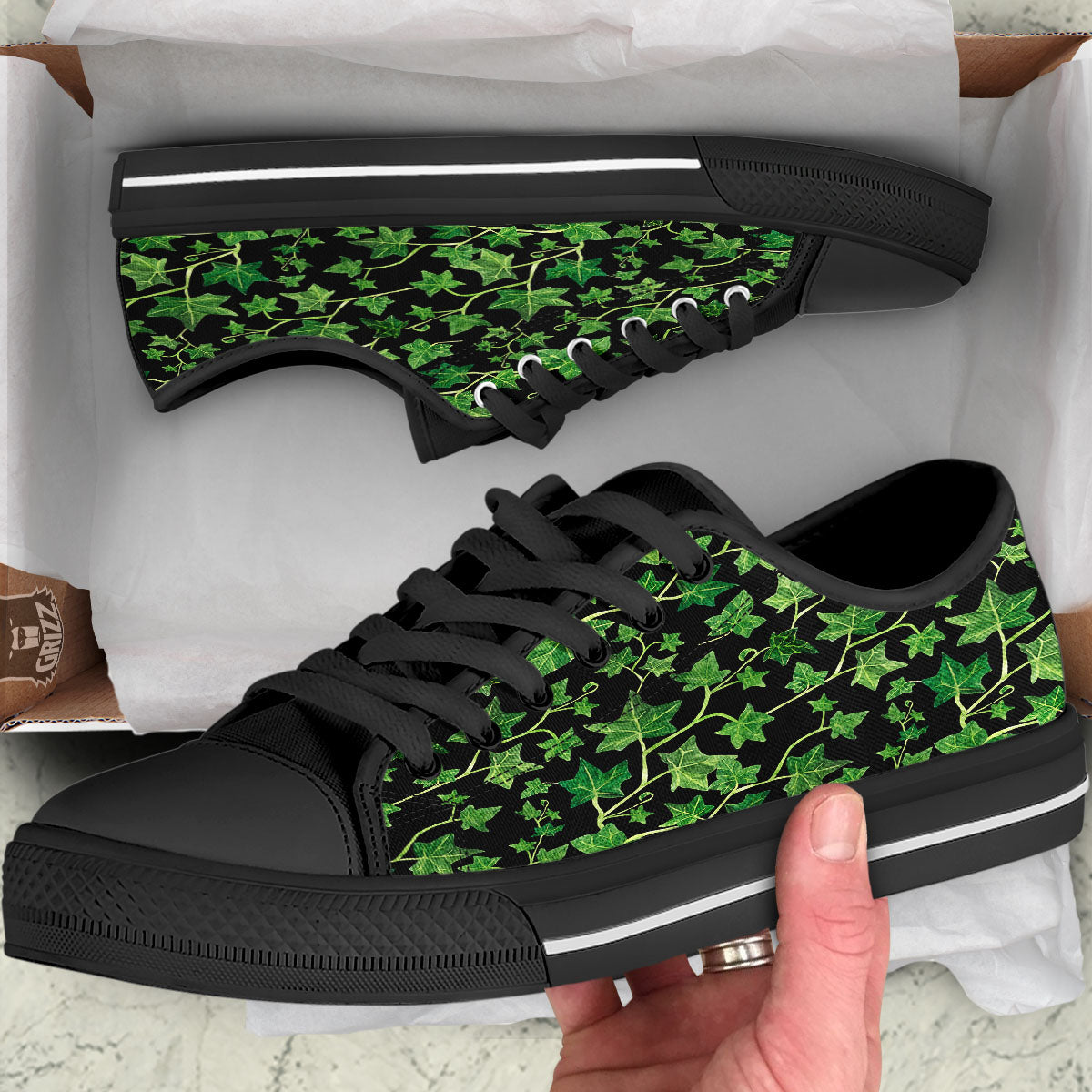 Ivy Leaf Green Print Black Low Top Shoes-grizzshop