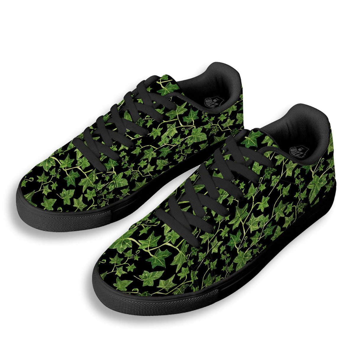 Ivy Leaf Green Print Black Low Top Sneakers-grizzshop