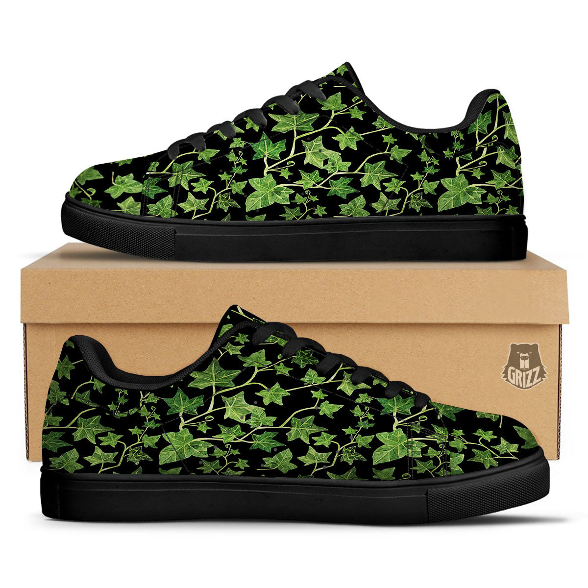 Ivy Leaf Green Print Black Low Top Sneakers-grizzshop