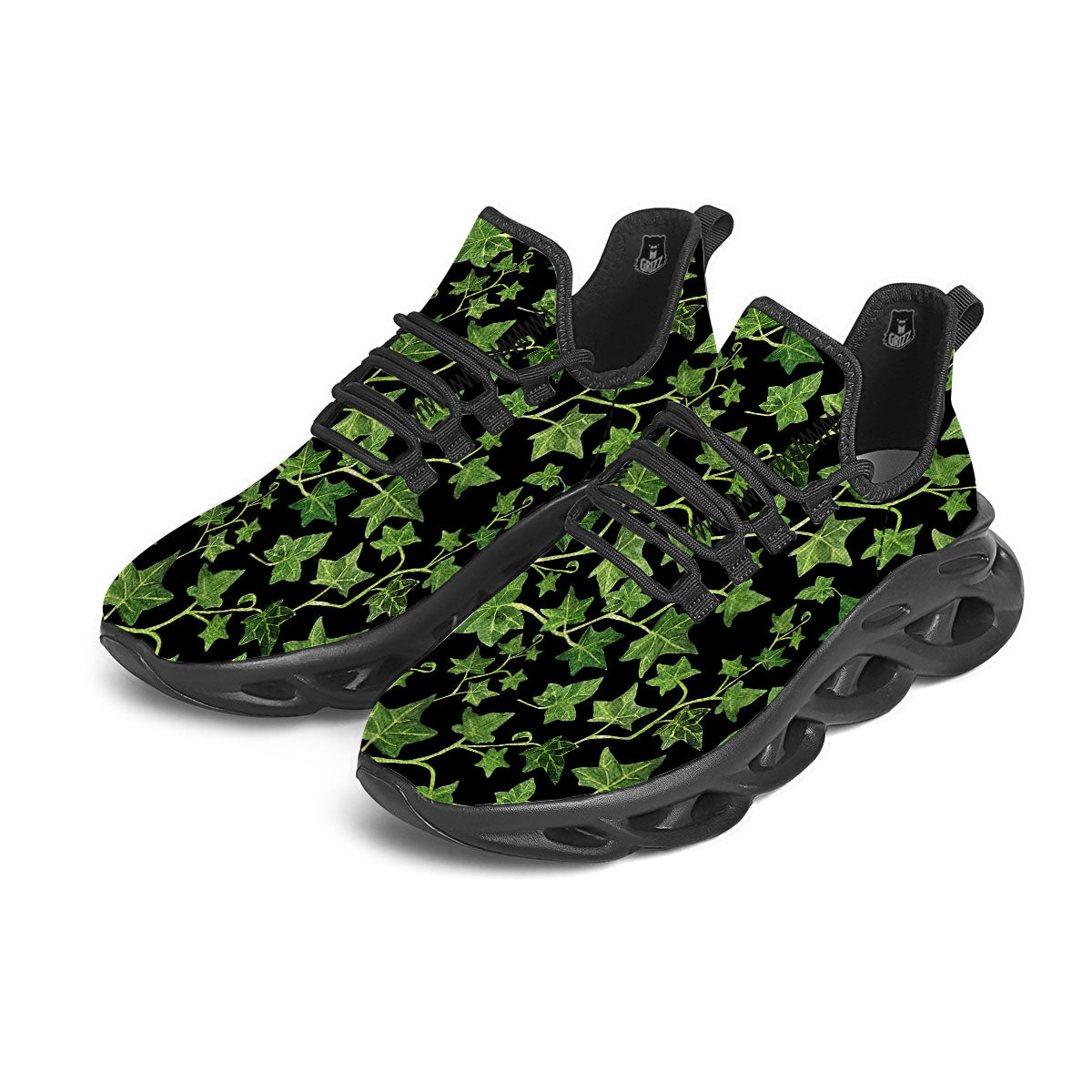 Ivy Leaf Green Print Black Running Shoes-grizzshop