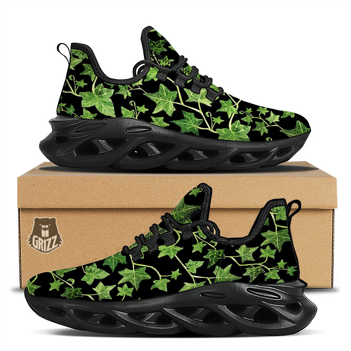 Ivy Leaf Green Print Black Running Shoes-grizzshop
