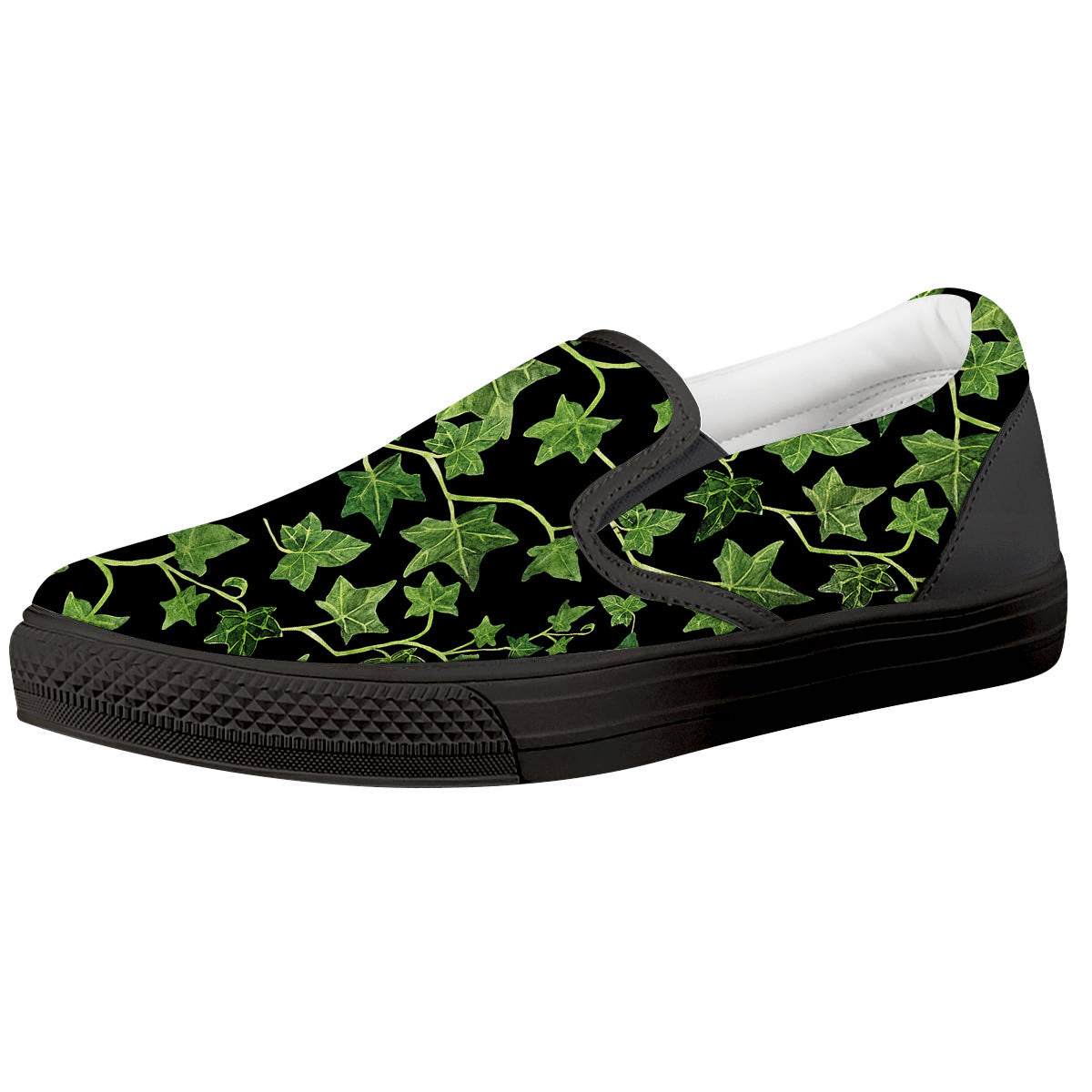 Ivy Leaf Green Print Black Slip On Shoes-grizzshop