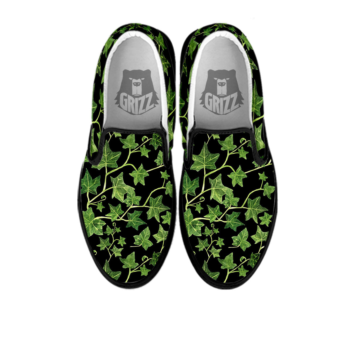 Ivy Leaf Green Print Black Slip On Shoes-grizzshop