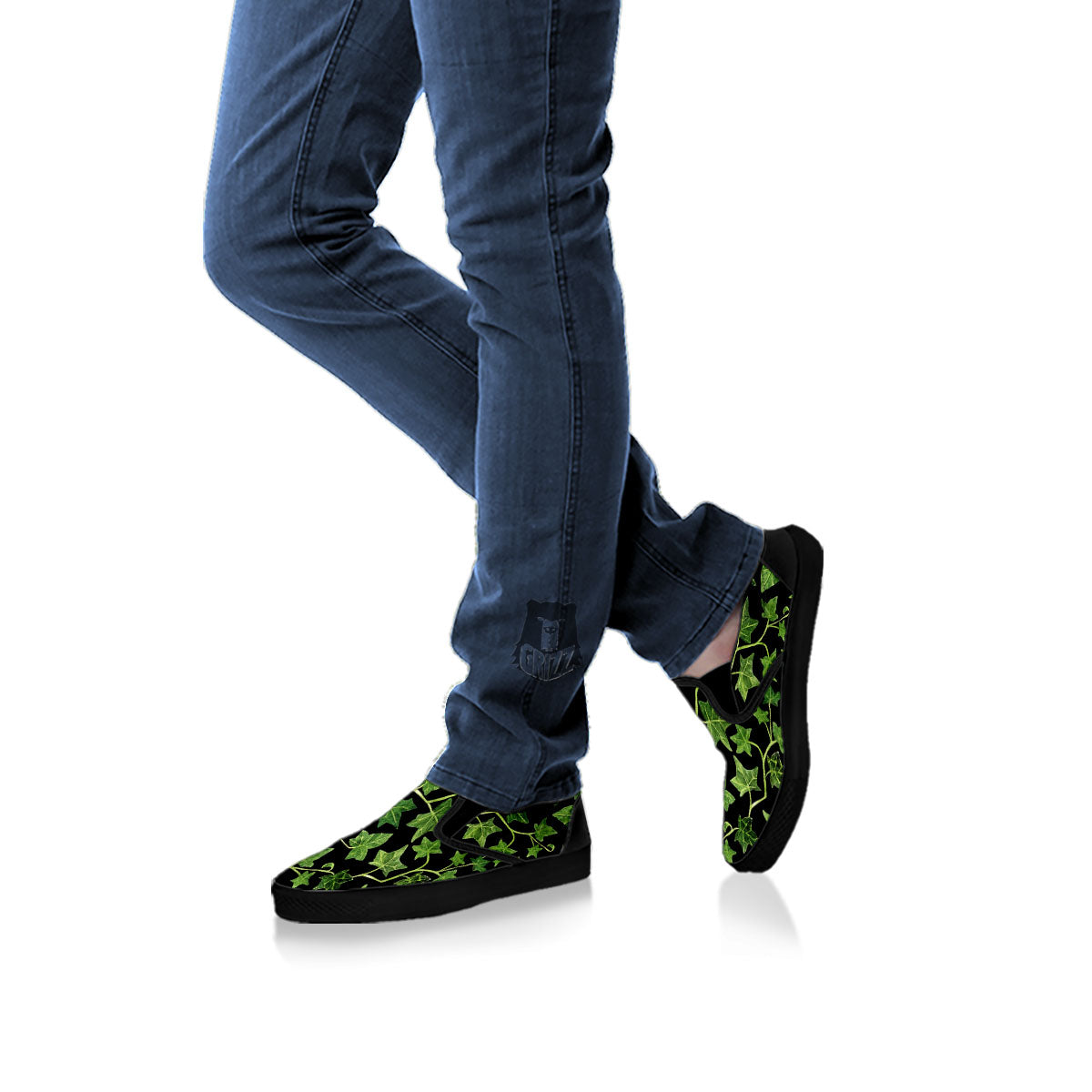 Ivy Leaf Green Print Black Slip On Shoes-grizzshop