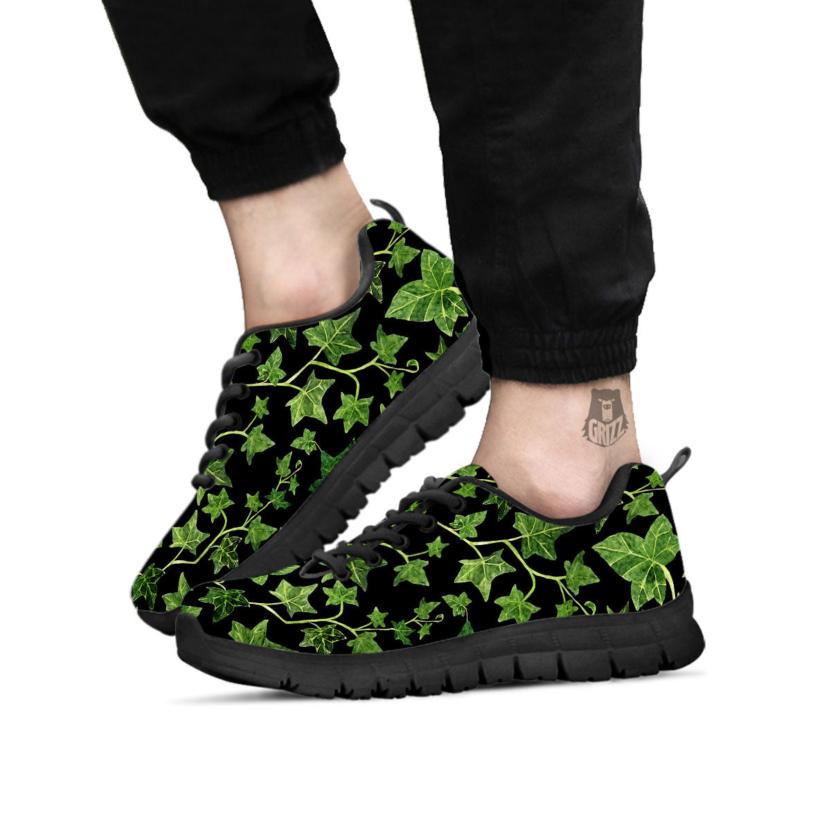 Ivy Leaf Green Print Black Sneaker-grizzshop