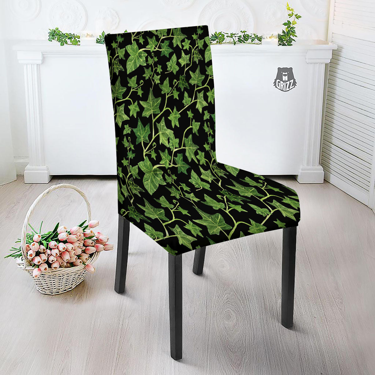 Ivy Leaf Green Print Dining Chair Slipcover-grizzshop
