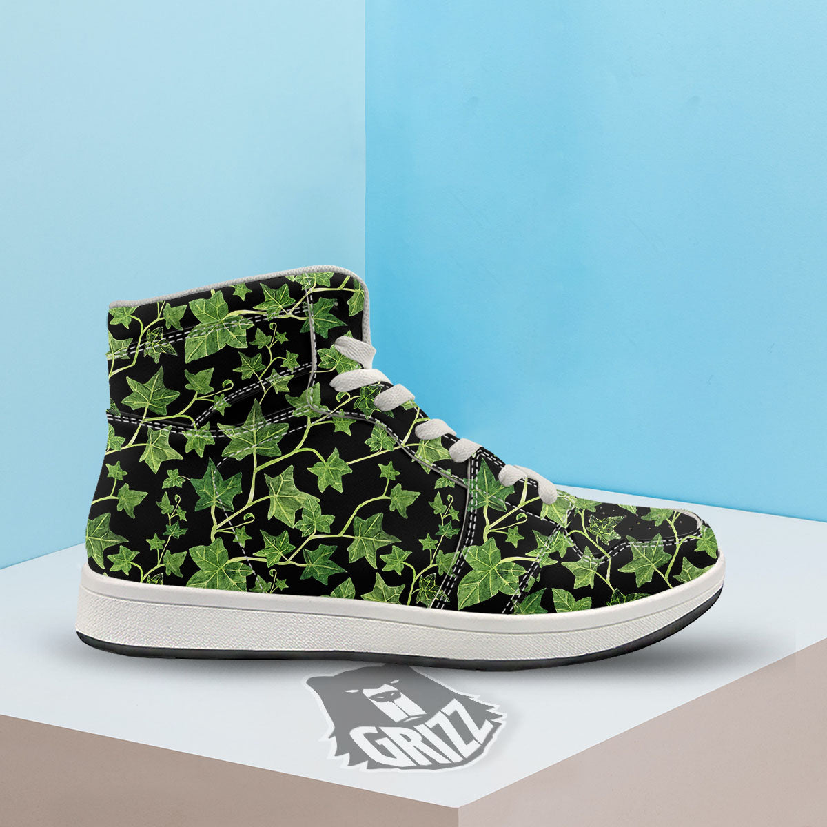 Ivy Leaf Green Print High Top Sneakers-grizzshop