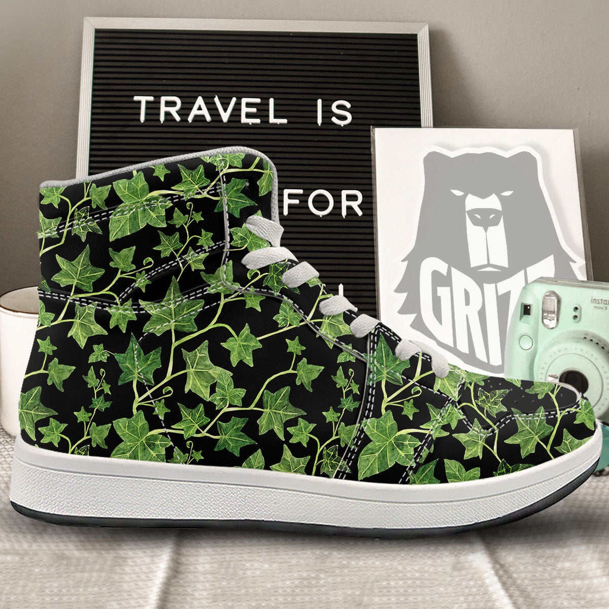 Ivy Leaf Green Print High Top Sneakers-grizzshop