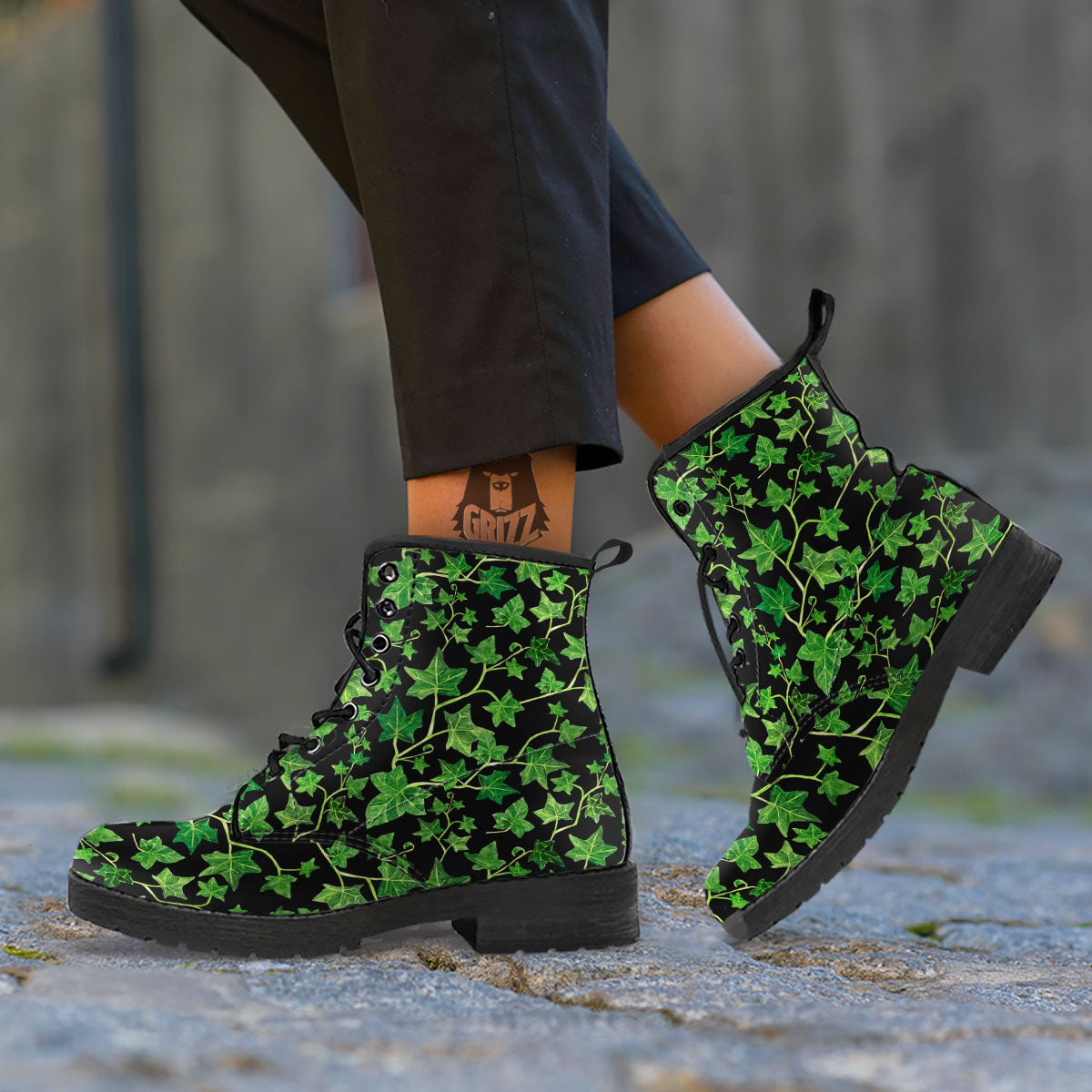 Ivy Leaf Green Print Leather Boots-grizzshop