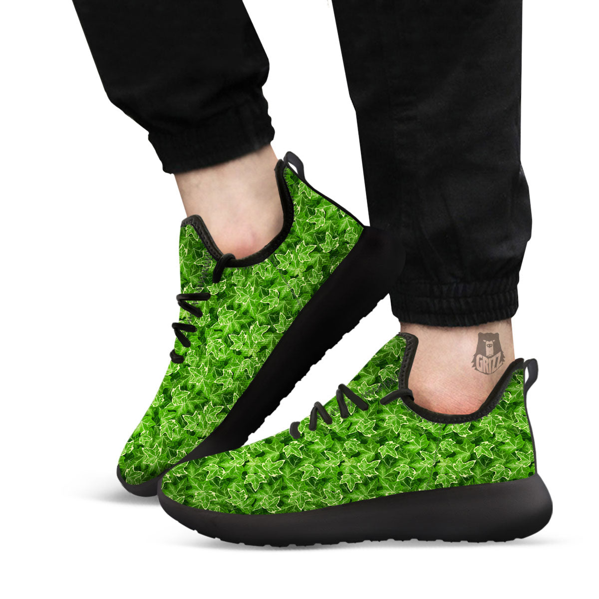 Ivy Leaf Green Print Pattern Black Athletic Shoes-grizzshop