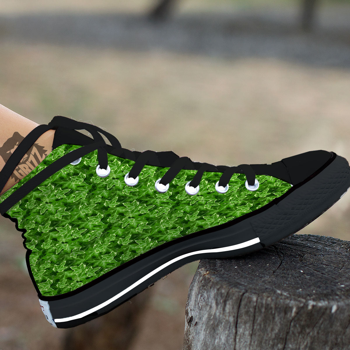 Ivy Leaf Green Print Pattern Black High Top Shoes-grizzshop