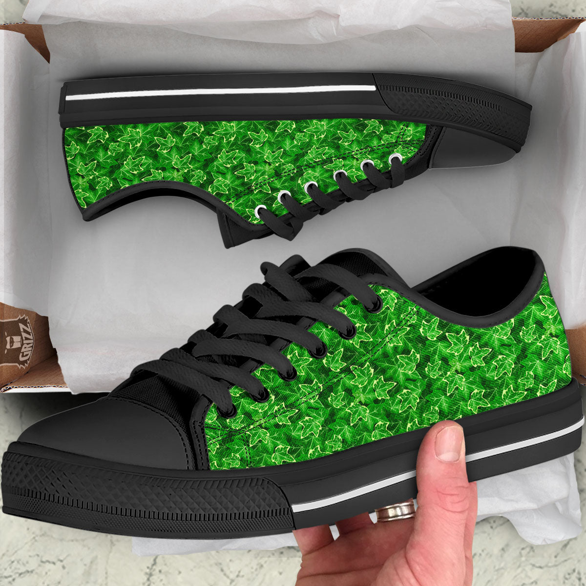 Ivy Leaf Green Print Pattern Black Low Top Shoes-grizzshop