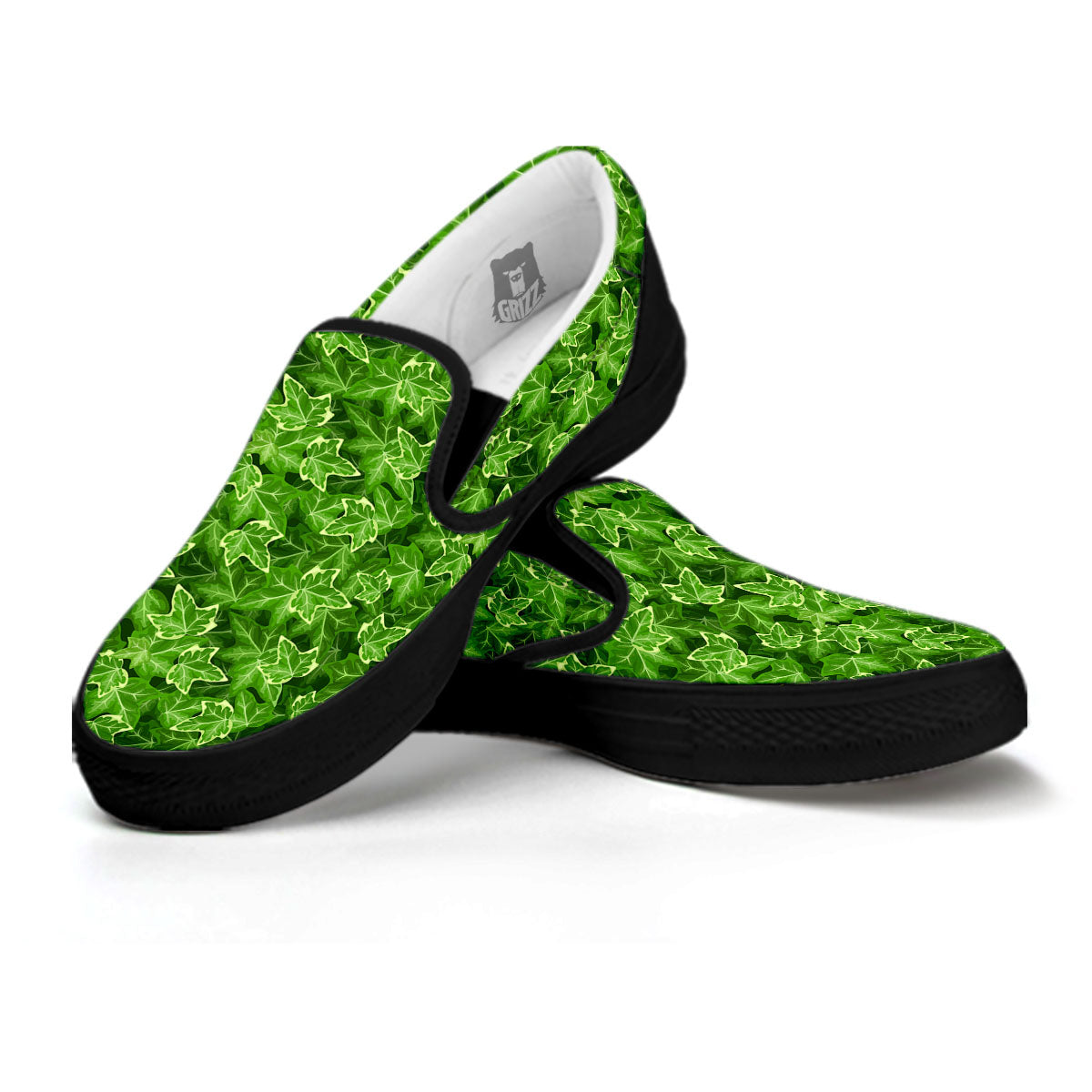 Ivy Leaf Green Print Pattern Black Slip On Shoes-grizzshop