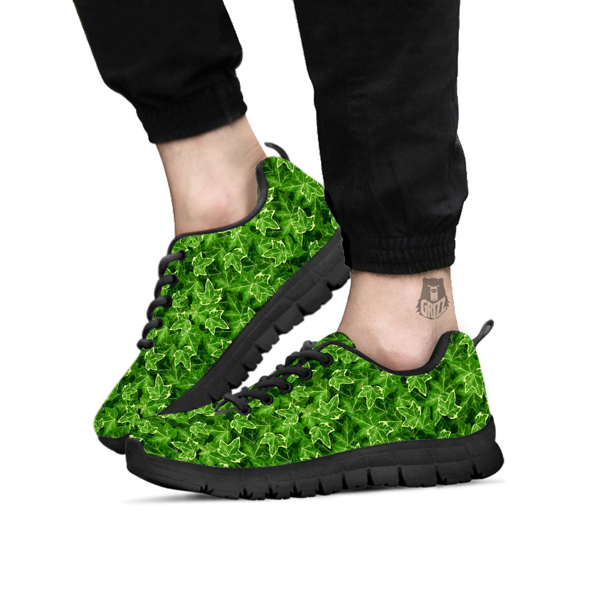Ivy Leaf Green Print Pattern Black Sneaker-grizzshop