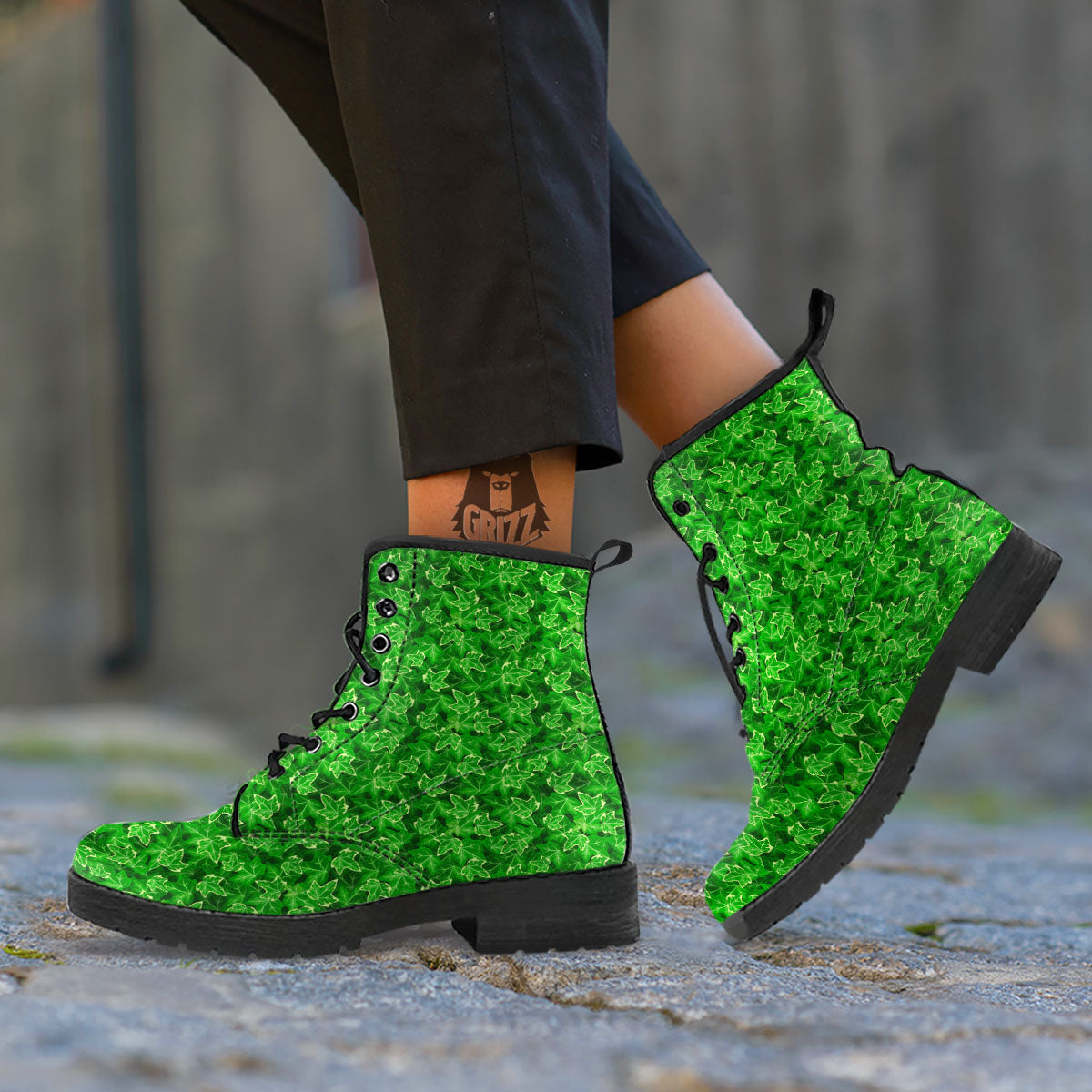 Ivy Leaf Green Print Pattern Leather Boots-grizzshop