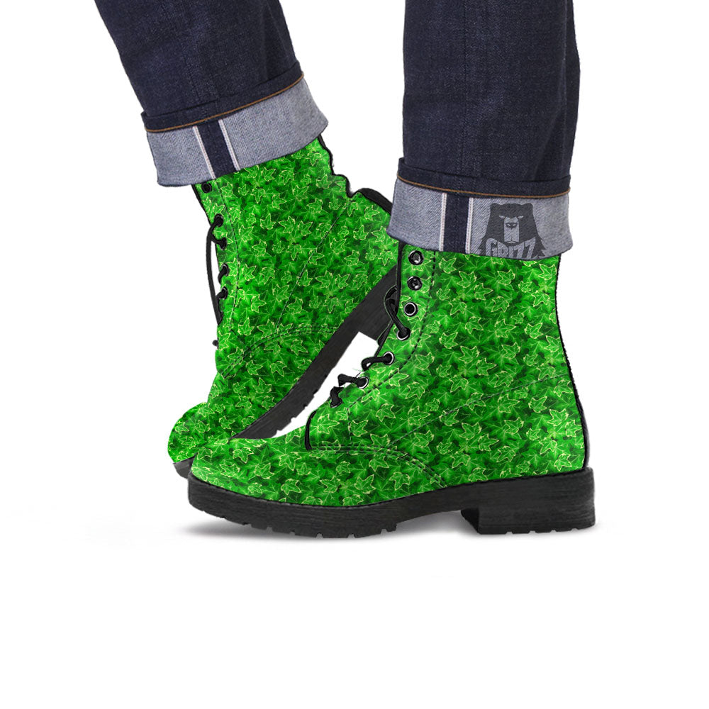 Ivy Leaf Green Print Pattern Leather Boots-grizzshop