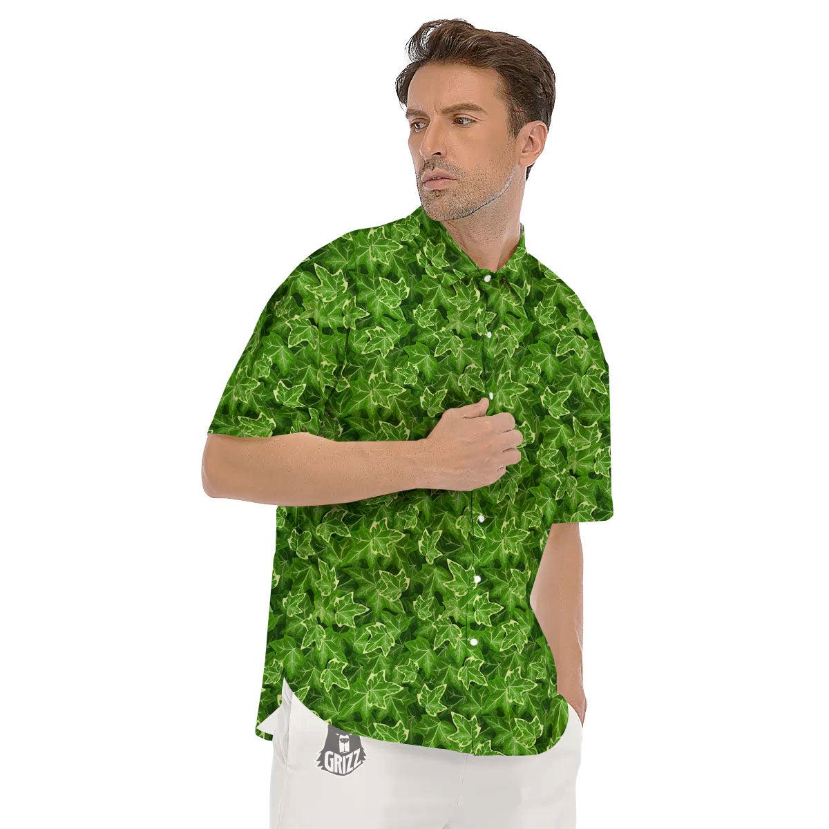 Ivy Leaf Green Print Pattern Men's Short Sleeve Shirts-grizzshop