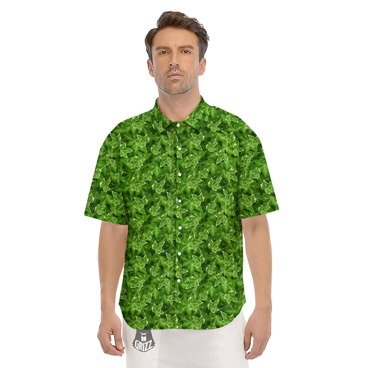 Ivy Leaf Green Print Pattern Men's Short Sleeve Shirts-grizzshop