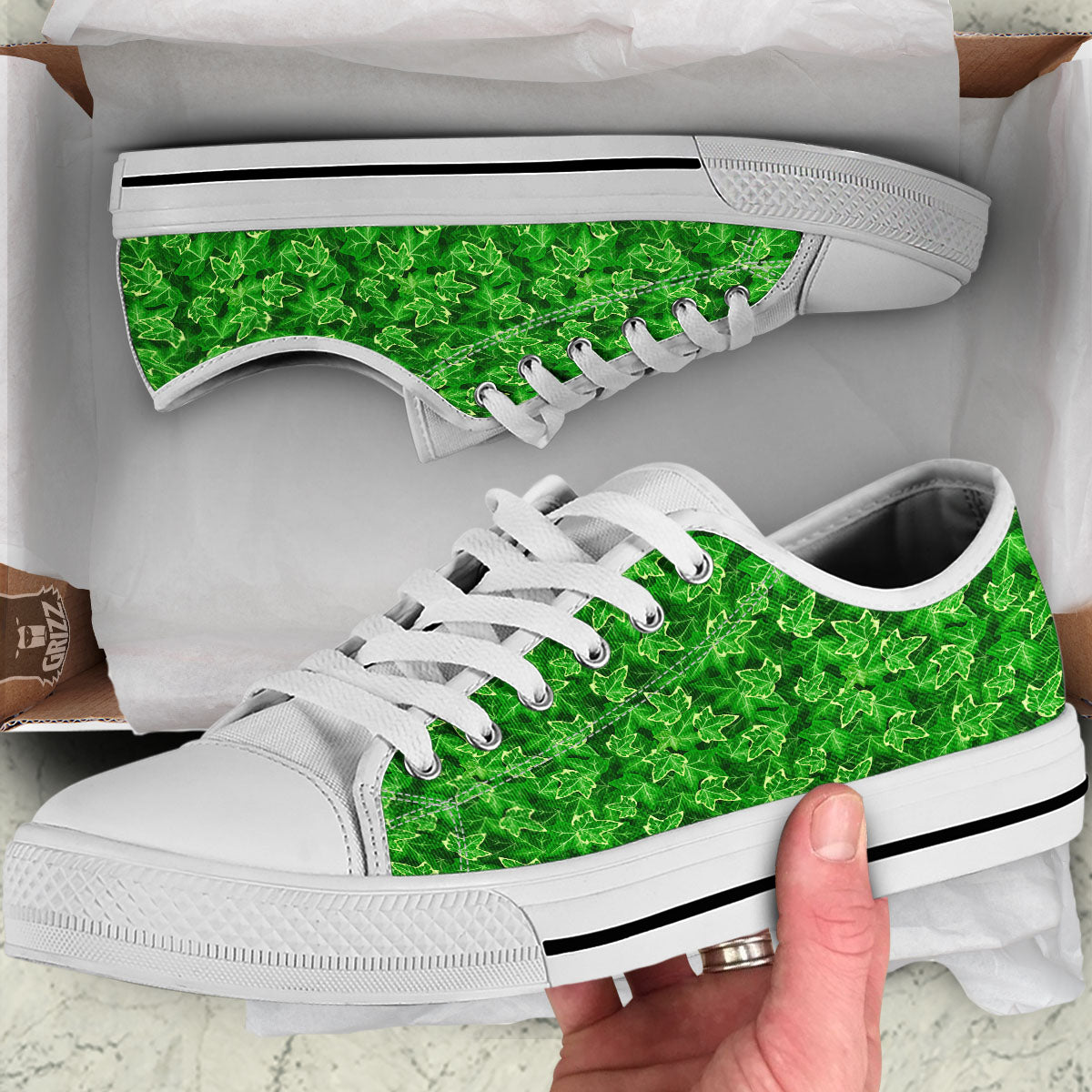 Ivy Leaf Green Print Pattern White Low Top Shoes-grizzshop