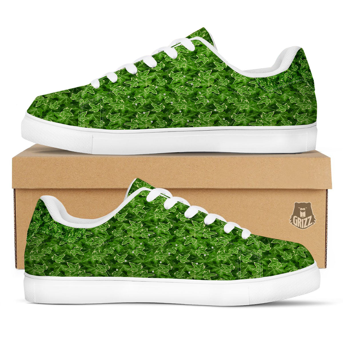 Ivy Leaf Green Print Pattern White Low Top Sneakers-grizzshop