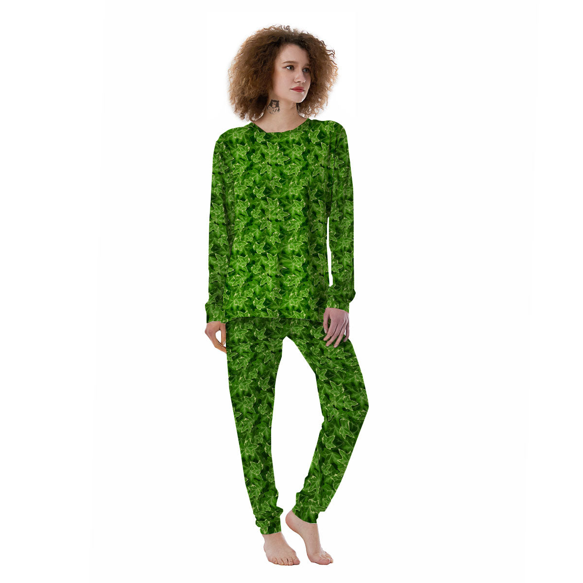 Ivy Leaf Green Print Pattern Women's Pajamas-grizzshop