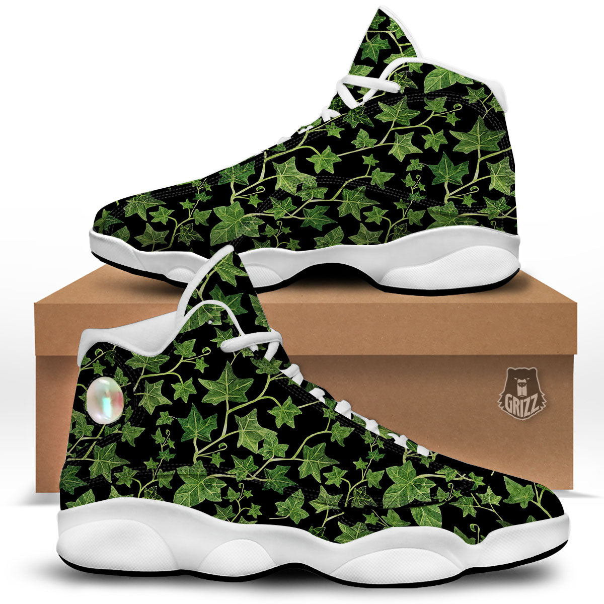 Ivy Leaf Green Print White Basketball Shoes-grizzshop