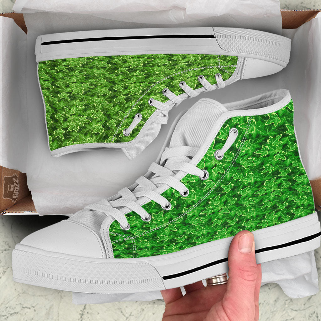 Ivy Leaf Green Print White High Top Shoes-grizzshop