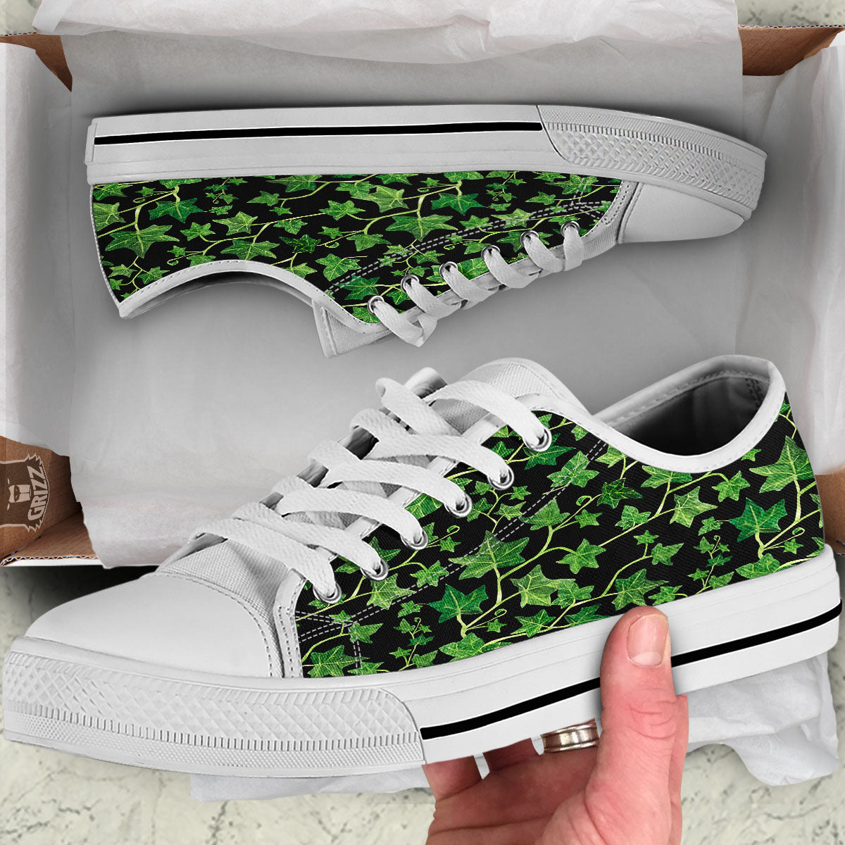 Ivy Leaf Green Print White Low Top Shoes-grizzshop