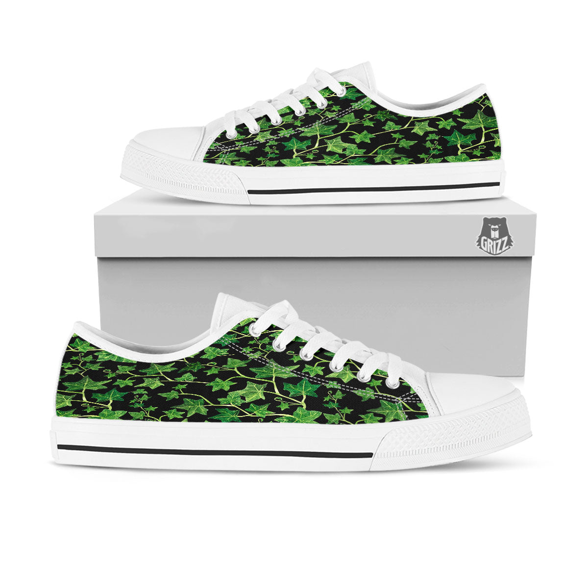Ivy Leaf Green Print White Low Top Shoes-grizzshop