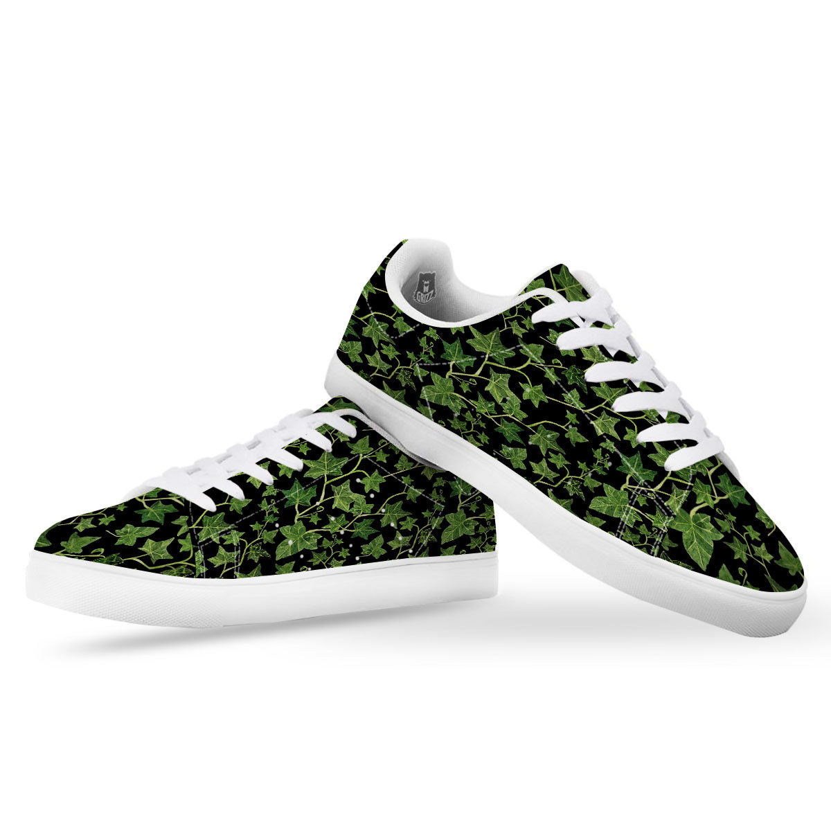 Ivy Leaf Green Print White Low Top Sneakers-grizzshop