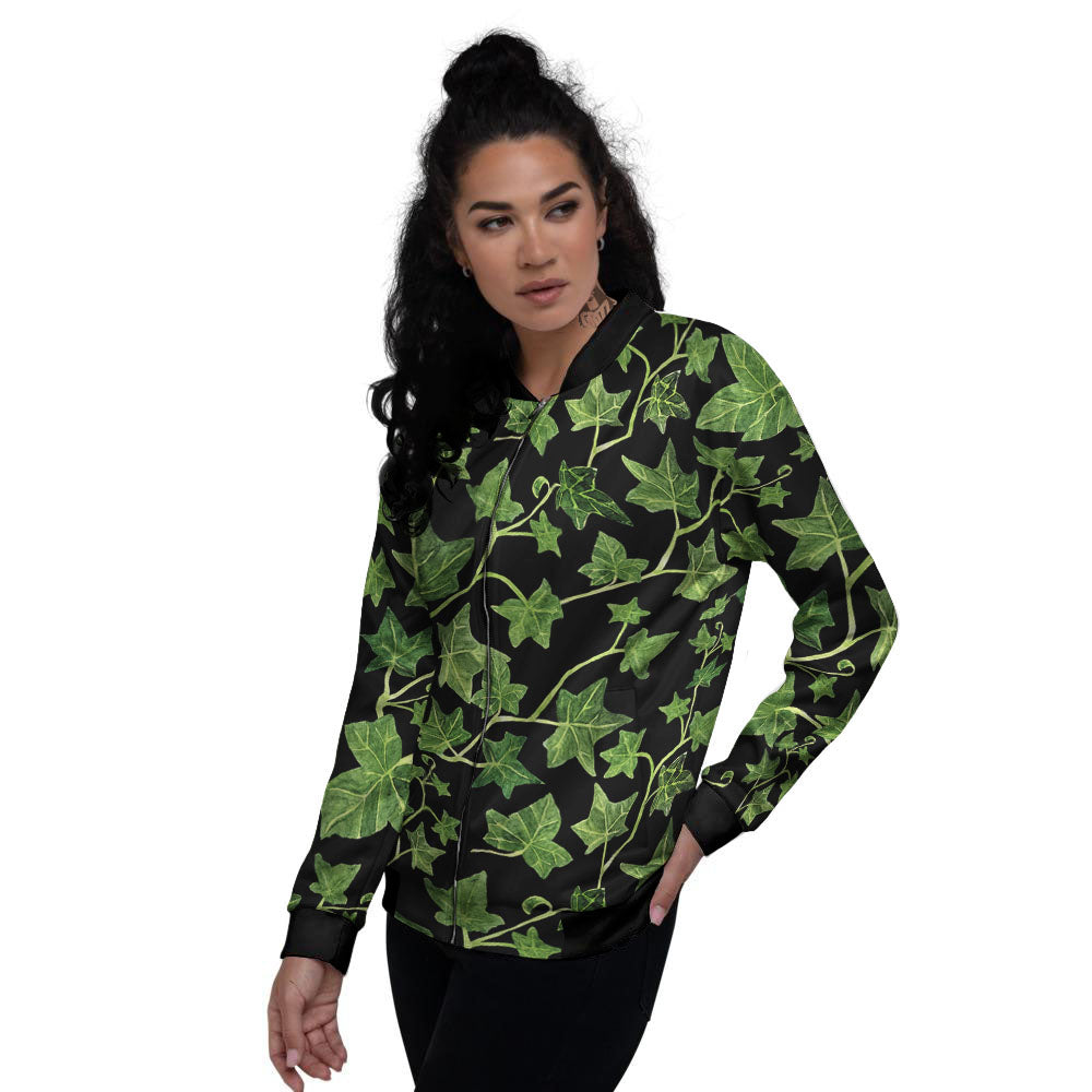 Ivy Leaf Green Print Women's Bomber Jacket-grizzshop
