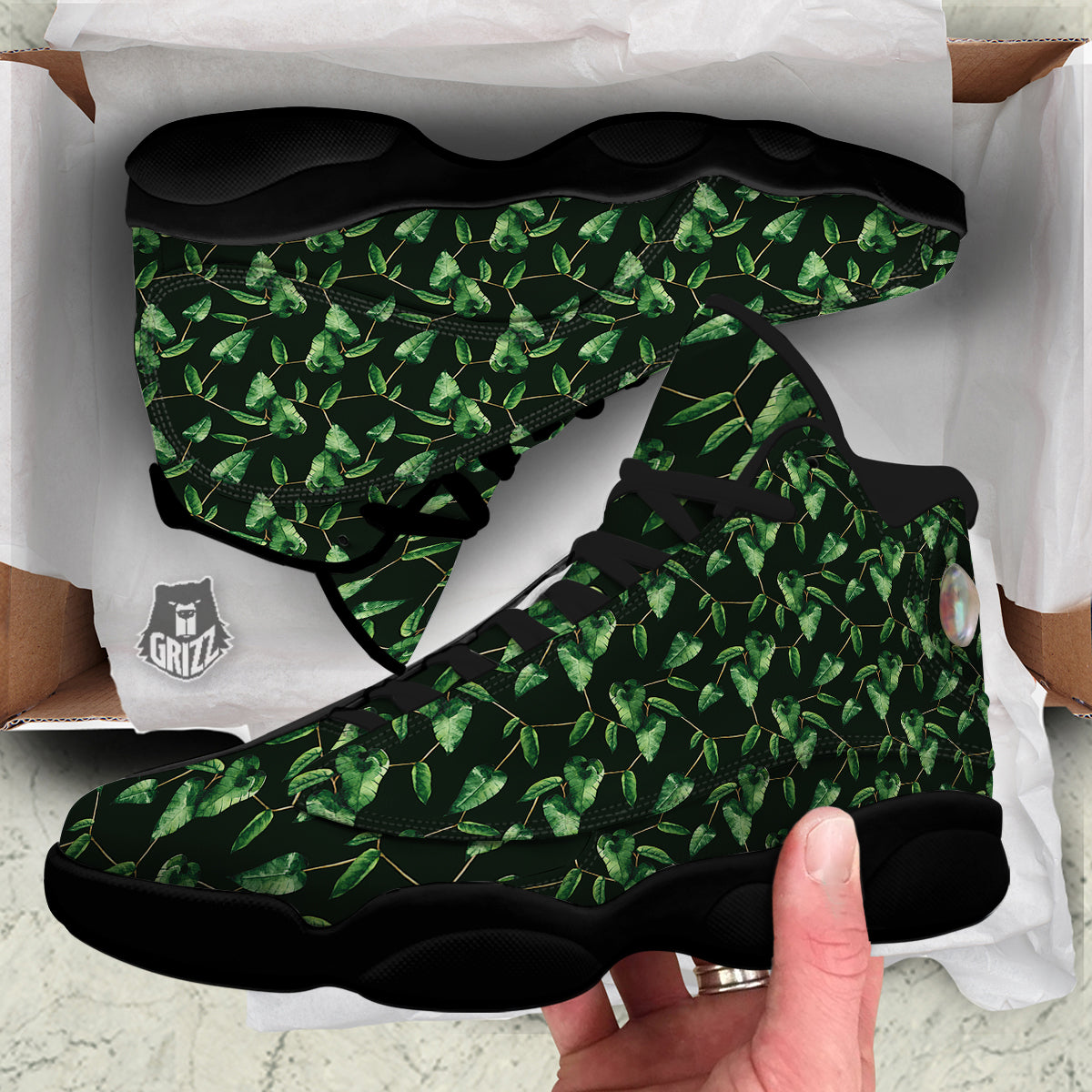 Ivy Leaf Watercolor Print Pattern Black Basketball Shoes-grizzshop