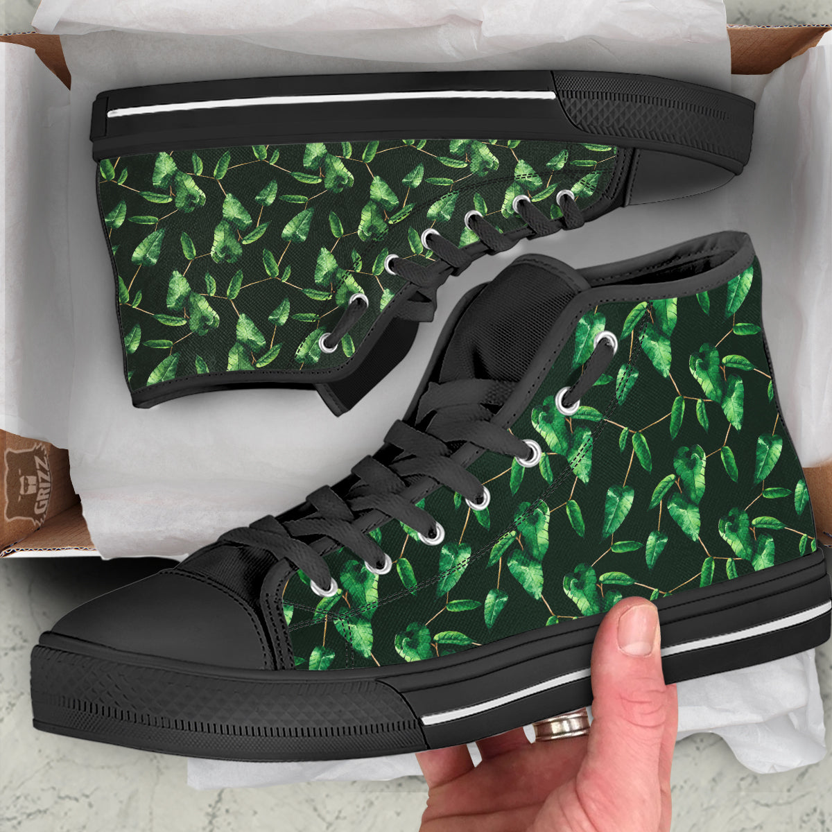 Ivy Leaf Watercolor Print Pattern Black High Top Shoes-grizzshop