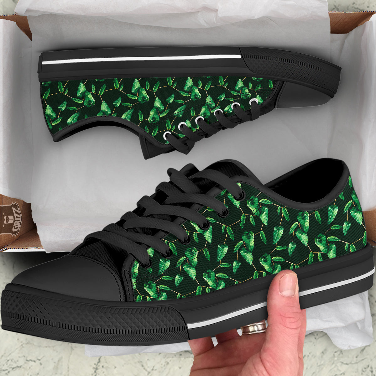 Ivy Leaf Watercolor Print Pattern Black Low Top Shoes-grizzshop
