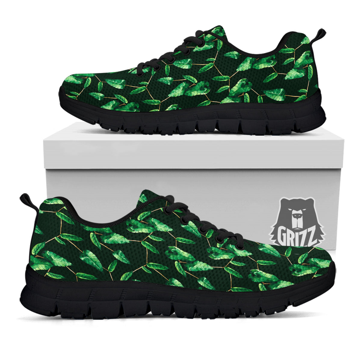 Ivy Leaf Watercolor Print Pattern Black Sneaker-grizzshop