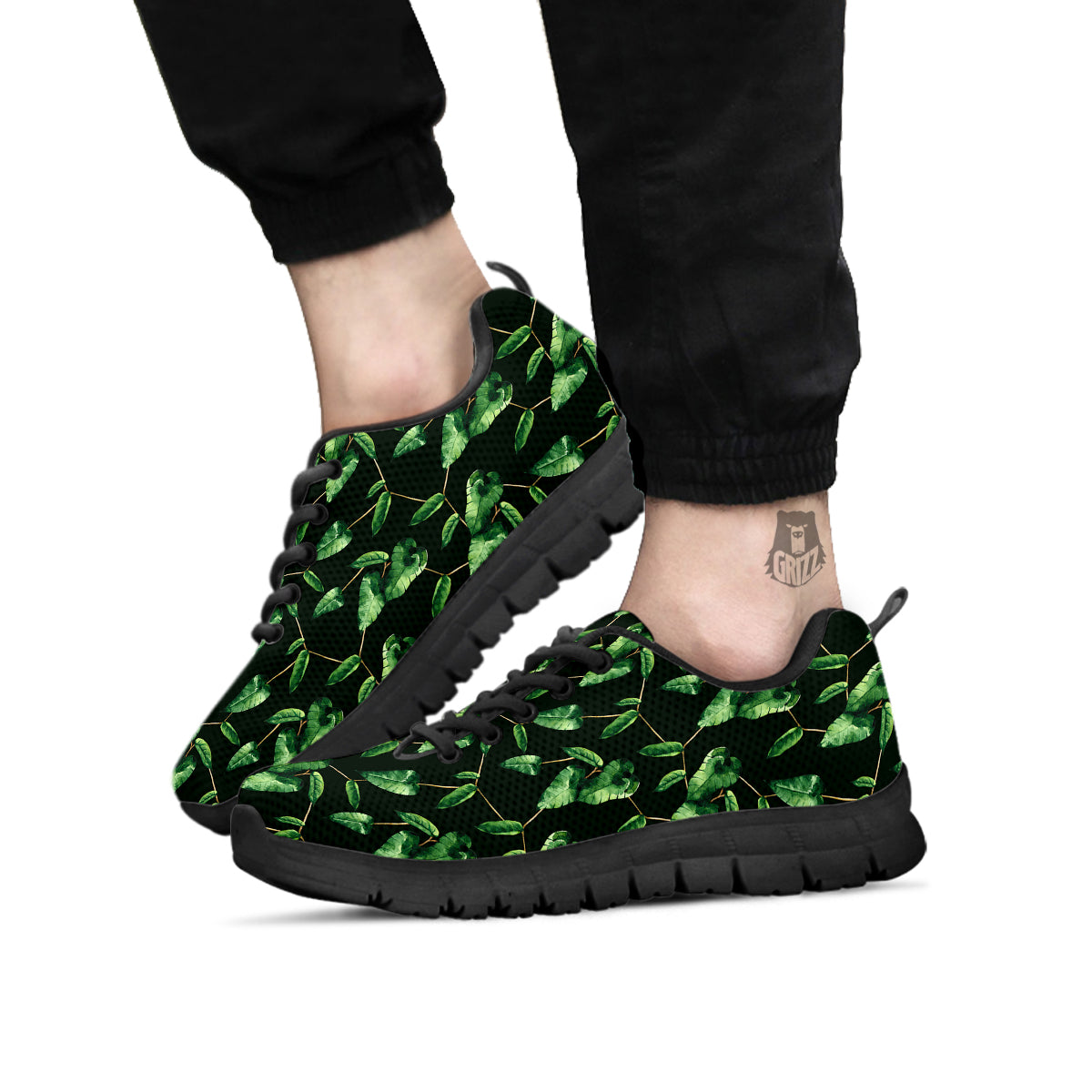 Ivy Leaf Watercolor Print Pattern Black Sneaker-grizzshop