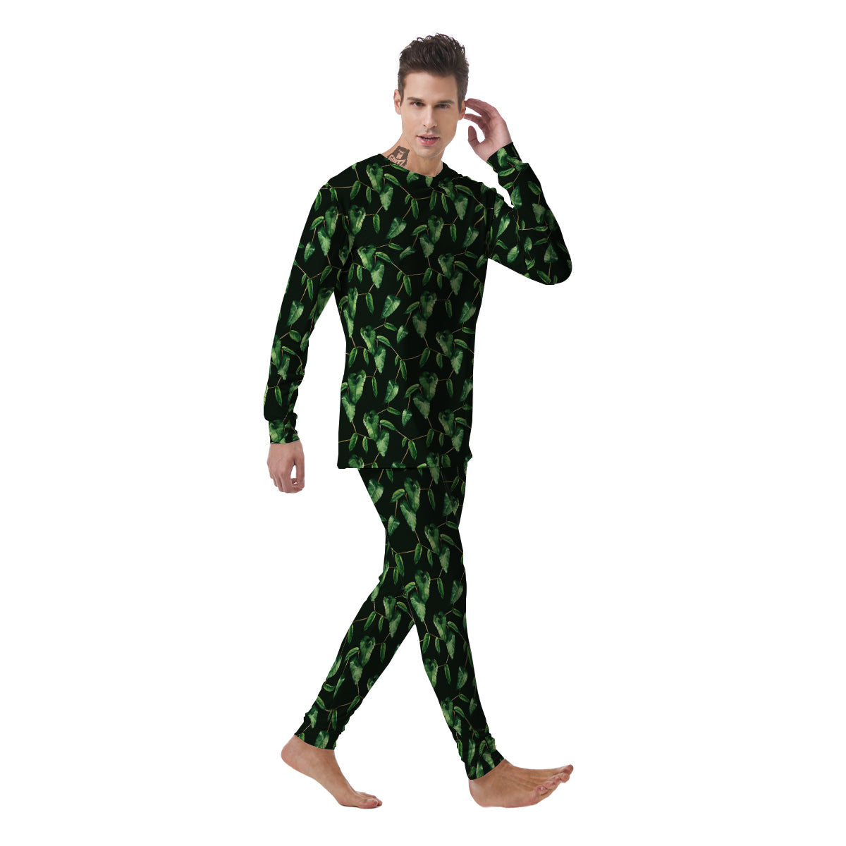Ivy Leaf Watercolor Print Pattern Men's Pajamas-grizzshop