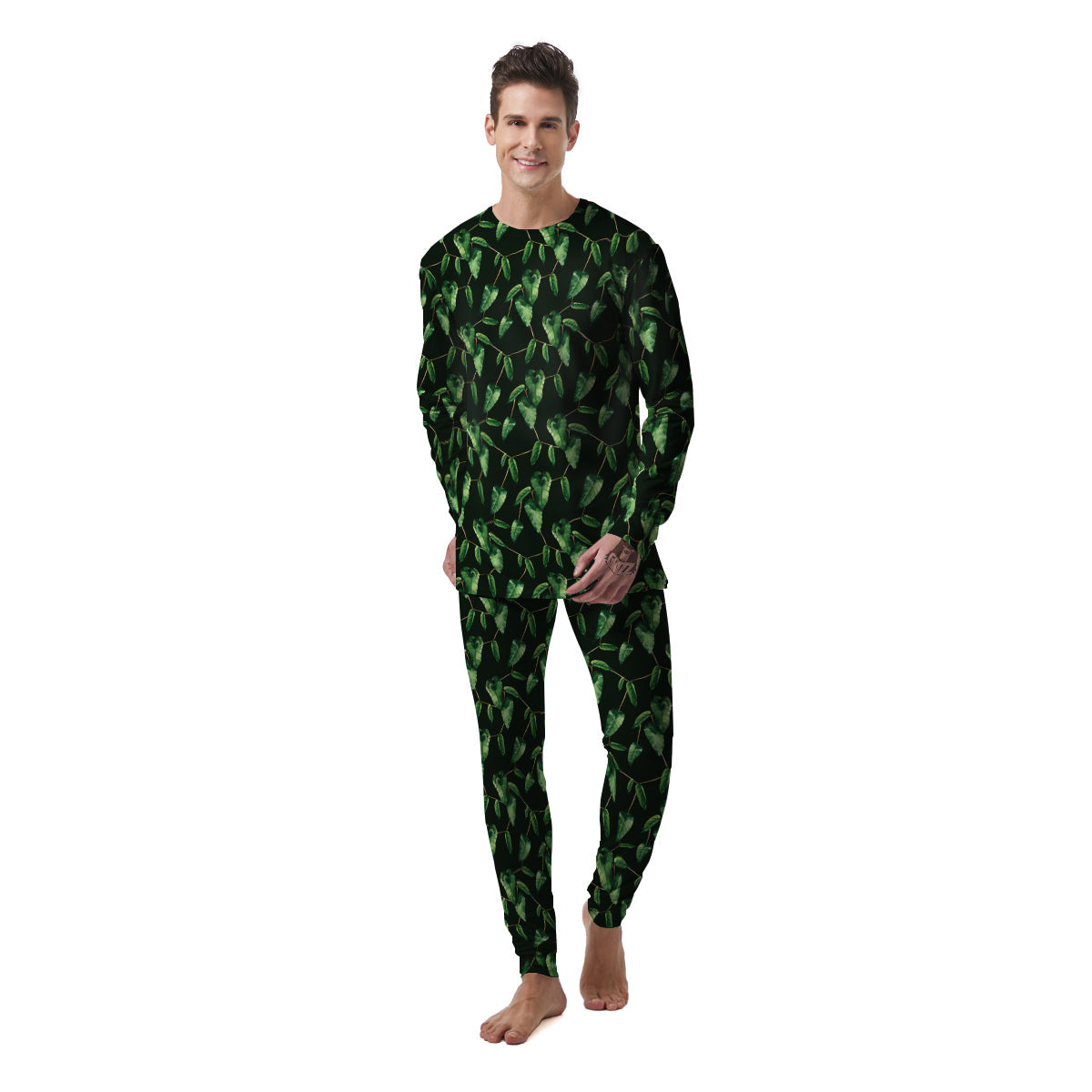 Ivy Leaf Watercolor Print Pattern Men's Pajamas-grizzshop