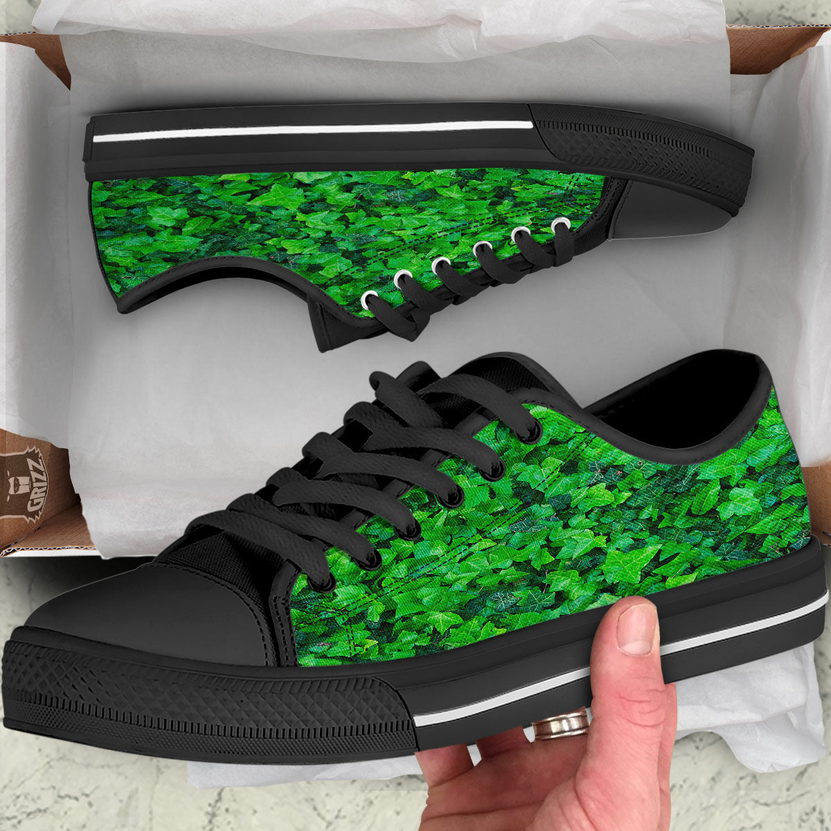 Ivy Wall Green Print Black Low Top Shoes-grizzshop